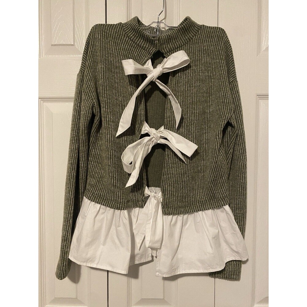 Maeve Anthropologie Olive Striped Ribbed Bow Open Back Peplum Top Size XS